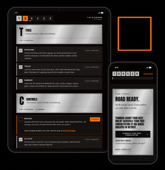 Road Ready motorcycle safety checklist shown on tablet and phone